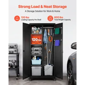 VEVOR Metal Storage Cabinet, 179.5 cm Rolling Steel Garage Cabinet with Adjustable Shelves, 2 Magnetic Doors, Hanging Rod & 3 Ro