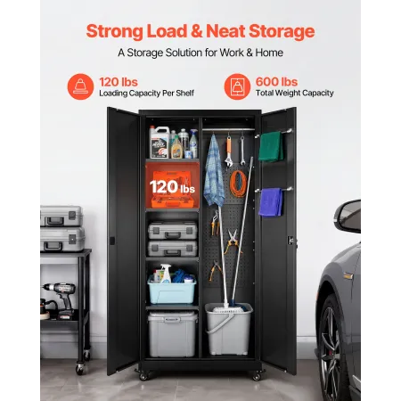 Metal Storage Cabinet, 179.5 cm Rolling Steel Garage Cabinet with Adjustable Shelves, 2 Magnetic Doors, Hanging Rod & 3 Rod Hook