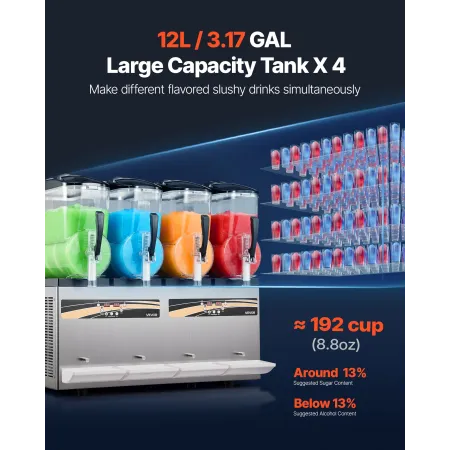 Slushie Machine, 12L/3.17Gal x 4 Tank Commercial Slushy Maker, Frozen Drink Maker with Self-Cleaning, Margarita Machine for Rest