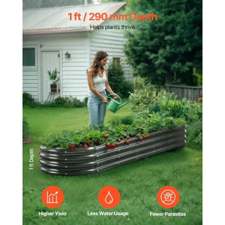 Metal Raised Garden Bed, 2.4 x 0.6 x 0.3 m Oval Outdoor Galvanized Planter Garden Box, Open Bottom Design, Large Planter Raised 