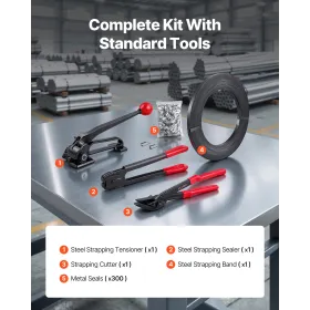 Steel Banding Strapping Kit, Heavy Duty Banding Sealer Tool with 183 m Binding Straps, 300 Metal Seals, Manual Pallet Packaging 