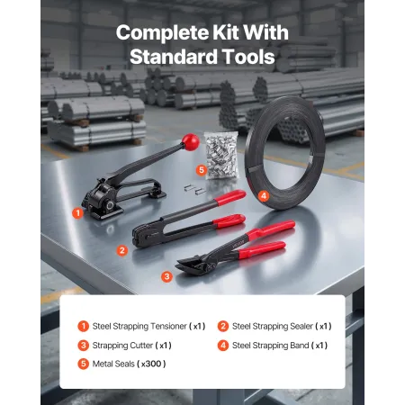 VEVOR Steel Banding Strapping Kit, Heavy Duty Banding Sealer Tool with 183 m Binding Straps, 300 Metal Seals, Manual Pallet Pack