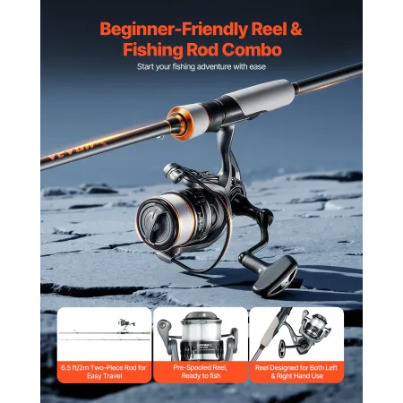 VEVOR Rod and Fishing Reel Combo, IM6 Fiberglass & Carbon Fiber Spinning Rod and Reel Combo, Bass Fishing Pole with 2m Two-Piece