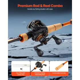 VEVOR stang og fiskehjul Combo, IM7 Carbon Fiber Baitcasting stang og hjul Combo, bas fiskestang med 6+1 BB System, 7.0:1 G