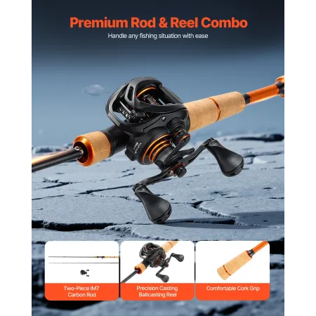 VEVOR stang og fiskehjul Combo, IM7 Carbon Fiber Baitcasting stang og hjul Combo, bas fiskestang med 6+1 BB System, 7.0:1 G