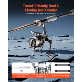 VEVOR Rod and Fishing Reel Combo, IM7 Carbon Fiber Spinning Rod and Reel Combo, Bass Fishing Pole with 2.13m Two-Piece Rods, 7+1