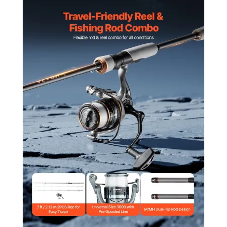 VEVOR Rod and Fishing Reel Combo, IM7 Carbon Fiber Spinning Rod and Reel Combo, Bass Fishing Pole with 2.13m Two-Piece Rods, 7+1