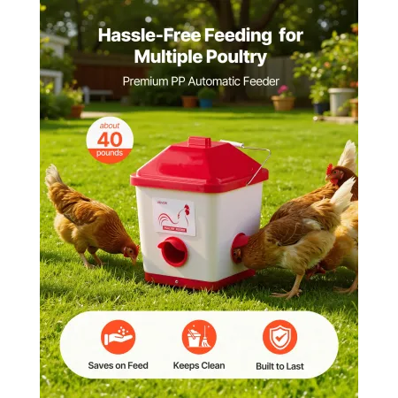 Automatic Chicken Feeder, 18.14 kg Capacity, Large Gravity Hanging Poultry Feeder Dispenser with Handle, No Waste Rainproof Desi