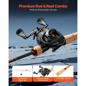 VEVOR stang og fiskehjul Combo, IM7 Carbon Fiber Baitcasting stang og hjul Combo, bas fiskestang med 6+1 BB System, 7.0:1 G