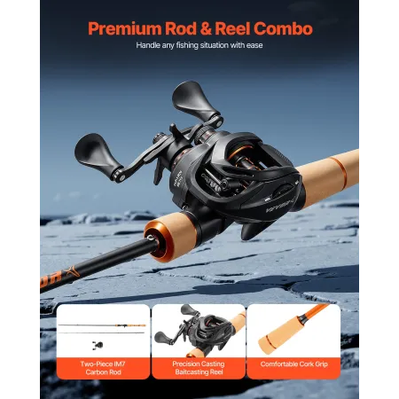 VEVOR Rod and Fishing Reel Combo, IM7 Carbon Fiber Baitcasting Rod and Reel Combo, Bass Fishing Pole with 6+1 BB System, 7.0:1 G