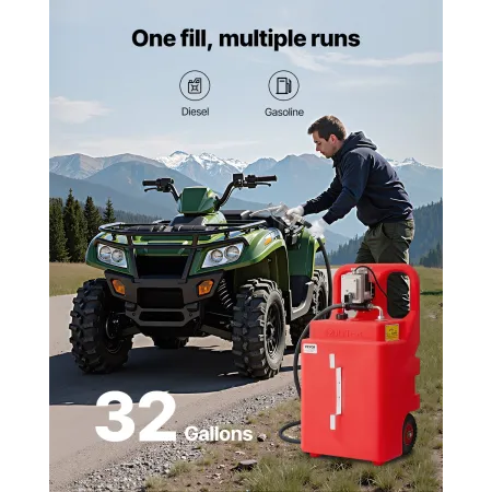 VEVOR Fuel Caddy, 32 gallon, bærbar brændstoftank med 12V DC 15 GPM elektrisk brændstofoverførselspumpe, 13 fod leveringsslange