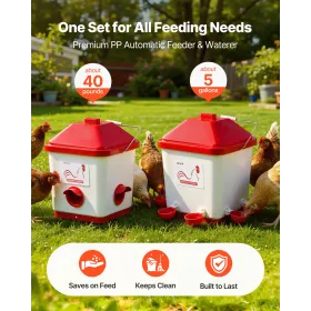 Automatic Chicken Feeder & Waterer Set, 19 L/18.14 kg, Rain Proof Hanging Poultry Feeder with Water Cup No Waste, Automatic Grav