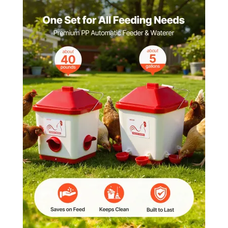 VEVOR Automatic Chicken Feeder & Waterer Set, 19 L/18.14 kg, Rain Proof Hanging Poultry Feeder with Water Cup No Waste, Automati