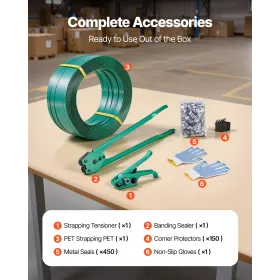 Banding Strapping Kit, Heavy Duty Banding Sealer Tool with 457m PET Band, 450 Metal Seals, 150 Corner Protectors & Gloves, Plast
