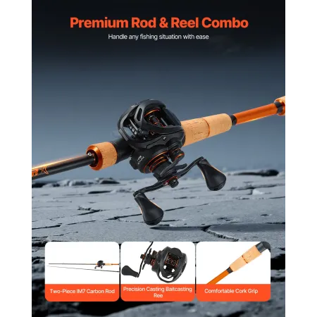 VEVOR Rod and Fishing Reel Combo, IM7 Carbon Fiber Baitcasting Rod and Reel Combo, Bass Fishing Pole with 7+1 BB System, 7.0:1 G