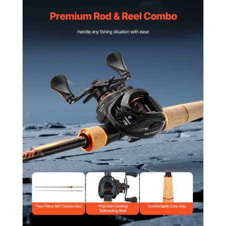 VEVOR Rod and Fishing Reel Combo, IM7 Carbon Fiber Baitcasting Rod and Reel Combo, Bass Fishing Pole with 7+1 BB System, 7.0:1 G