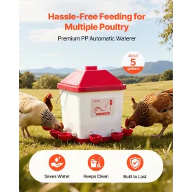 19L Automatic Chicken Waterer, 6 Water Ports, Automatic-Fill Water Cup, Automatic Gravity Waterer with Convenient Handle Sealed 