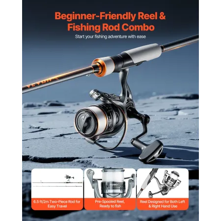 VEVOR Rod and Fishing Reel Combo, IM6 Carbon Fiber Spinning Rod and Reel Combo, Bass Fishing Pole with 2m Two-Piece Rods, 7+1 Ba