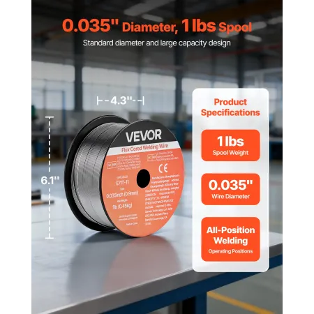 VEVOR Flux Core MIG Welding Wire, E71T-11 0.9mm 0.45kg, Gasless Mild Steel Welding Wire with Low Spatter for All Position Arc We