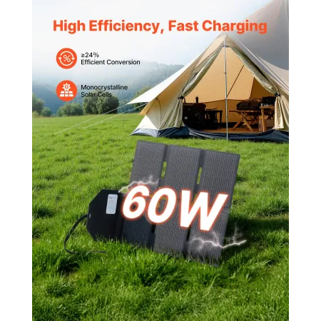 VEVOR 60W Foldable Solar Panel Charger, 16BB N-Type Monocrystalline Solar Panel 24% Efficiency, Lightweight Portable with MC4 Ou