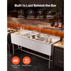 VEVOR 3 Compartment Sink, 18-Gauge 304 Stainless Steel, 254x356x254 mm Bowl Size, 3 Bay Commercial Under Bar Sink with Double Dr