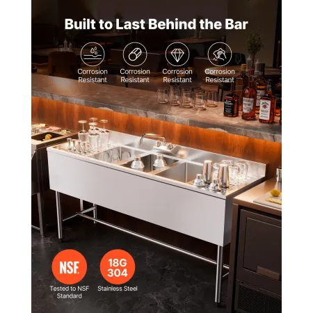 3 Compartment Sink, 18-Gauge 304 Stainless Steel, 254x356x254 mm Bowl Size, 3 Bay Commercial Under Bar Sink with Double Drainboa