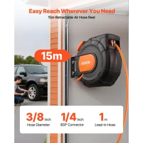 VEVOR Retractable Air Hose Reel, 15m x 9.5mm PVC Air Hose Max 300PSI, Enclosed Air-Compressor Hoses Reel Auto Rewind with 1m Lea