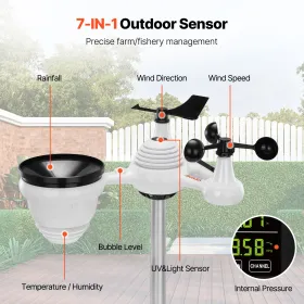 7-i-1 Wireless Weather Station, 7,5 i stor farvedisplay, Digital Home Weather Station Indoor Outdoor, til temperatur