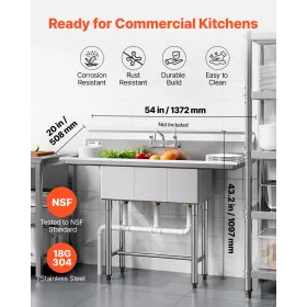 3 Compartment Sink, 18-Gauge 304 Stainless Steel, 254x356x254 mm Bowl Size, 3 Bay Commercial Kitchen Prep & Utility Sink with 2 