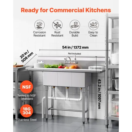 3 Compartment Sink, 18-Gauge 304 Stainless Steel, 254x356x254 mm Bowl Size, 3 Bay Commercial Kitchen Prep & Utility Sink with 2 