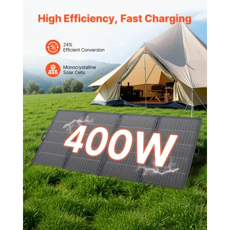 VEVOR 400W foldbart solpanel med ramme, 16BB N-type monokrystallinsk solpaneloplader 24 % effektivitet, IP67 vandtæt med