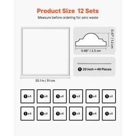 VEVOR Wall Molding 12 Pack, 51 x 51 cm Wainscoting Panels Kit, Lightweight Paintable Polystyrene, Easy to Install, Waterproof Ac