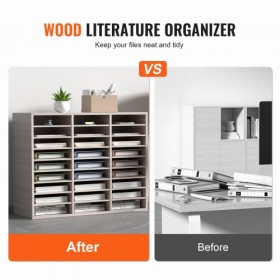 Wood Literature Organizer File Sorter Paper Storage Holder 27 Slots Grey