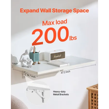 Wall Mounted Folding Table, 47.2 x 19.7 inches Wall Mount Table, Floating Desk with Iron Bracket, Fold Down Desk for Small Space
