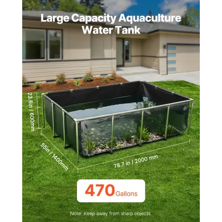 Canvas Fish Pond, 470 Gal Above Ground Fish Pond, PVC Koi Tank with Clear Viewing Panel, Rectangular Goldfish Tank with Stainles