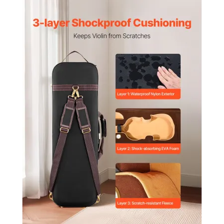 4/4 Full Size Violin Case, Built-in Hygrometer, Lightweight Portable Travel Carrying Bag, with Plush Lining, Shoulder Straps, An