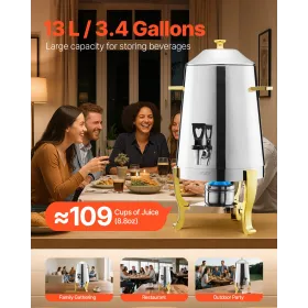 VEVOR Stainless Steel Beverage Dispenser, 13L Drink Dispenser with Alcohol Burner, Hot & Cold Drink Dispensers with Spigot for C