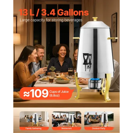 VEVOR Stainless Steel Beverage Dispenser, 13L Drink Dispenser with Alcohol Burner, Hot & Cold Drink Dispensers with Spigot for C