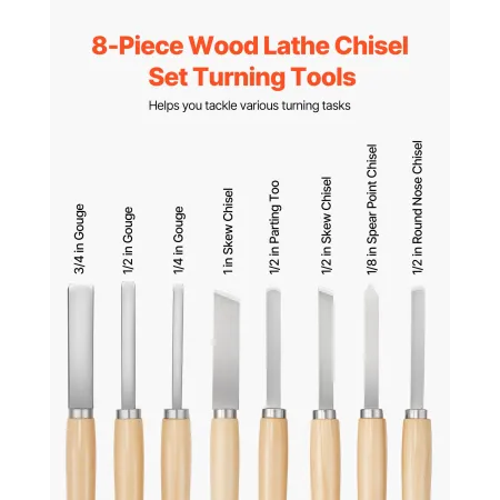 Wood Lathe Turning Tool Set, 8PCS, Lathe Chisel Set with Carbon Steel Blade, 2 Skew, 1 Spear Point, 1 Parting, 1 Round Nose, 3 G