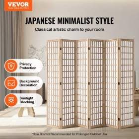 Room Divider Japanese Wall Divider 6 Panel Screen for Room Separation