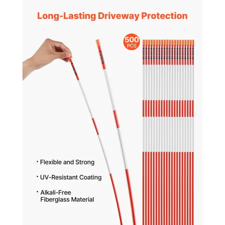 VEVOR Driveway Markers, 500Pcs 122cm Long 6.35mm Dia, Hi-Visibility Driveway Reflectors with 12 in Steel Drill Bits, Reflective 