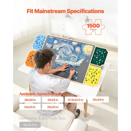 1500 Piece Rotating Puzzle Board with 4 Colorful Felt Drawers and Cover, 86x63cm Portable Wooden Table, Adjustable 2-Tilting-Ang