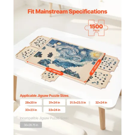 VEVOR 1500 Piece Rotating Puzzle Board with 5 Drawers and Cover, 86x63cm Portable Wooden Table, Jigsaw Puzzle Accessories for Ad