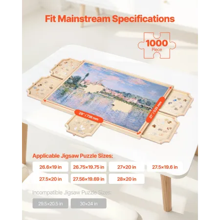 VEVOR 1000 Piece Rotating Puzzle Board with 5 Drawers and Cover, 74x53cm Portable Wooden Table, Jigsaw Puzzle Accessories for Ad