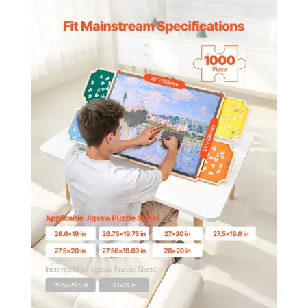 VEVOR 1000 Piece Rotating Puzzle Board with 4 Colorful Felt Drawers and Cover, 73x53cm Portable Wooden Table, Adjustable 2-Tilti