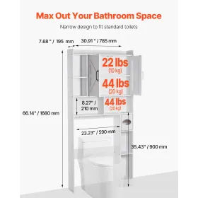VEVOR Over The Toilet Storage Cabinet, 168 cm Height Bathroom Storage Organizer with Double Door and Adjustable Shelf, Bathroom 