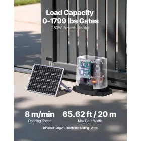 Solar Sliding Gate Opener, 280W Electric Gate Opener for Doors up to 20m 816kg, Gear Track Rolling Fence Door Motor with Infrare