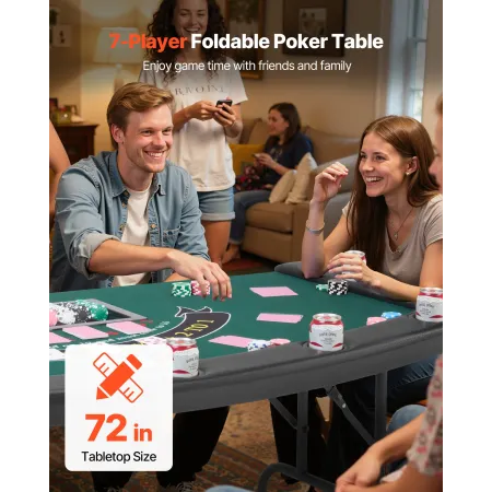 Foldable Poker Table, 7 Player 1828.8 mm Folding Casino Leisure Table with Padded Rails & Cup Holders, Semi-oval Portable Game T