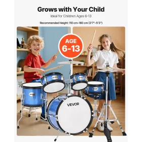 VEVOR Kids Drum Set, 5-Piece 14 in / 355.6 mm Junior Drum Sets, Beginner Drums Set with Adjustable Throne and Two Pairs of Drums