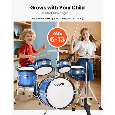 VEVOR Kids Drum Set, 5-Piece 14 in / 355.6 mm Junior Drum Sets, Beginner Drums Set with Adjustable Throne and Two Pairs of Drums